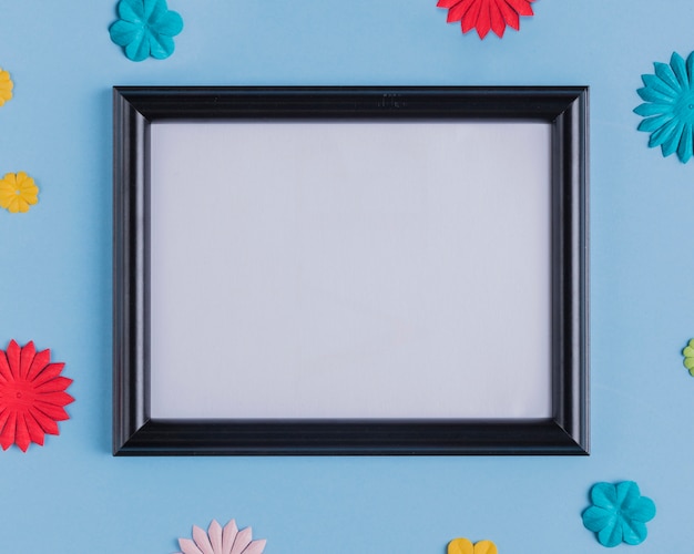 High angle view of empty white frame with black wooden border