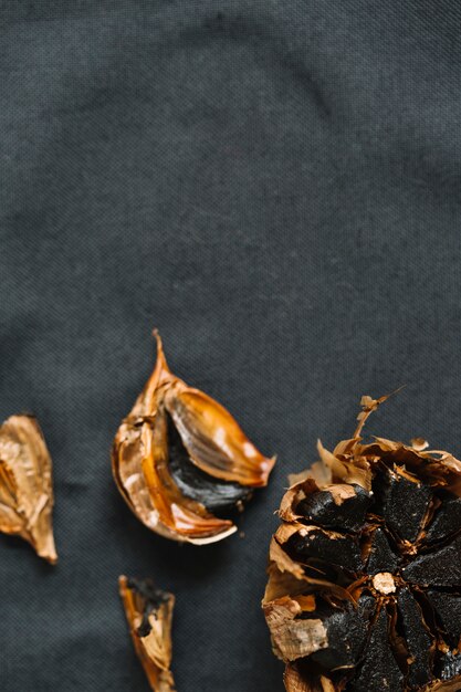 High angle view of fresh black garlic