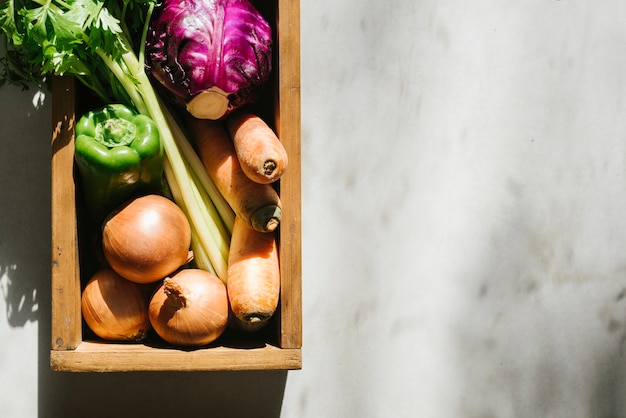 Высокий угол зрения свежих овощей в лотке