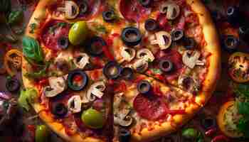 Free photo high angle view of gourmet pizza slice generated by ai