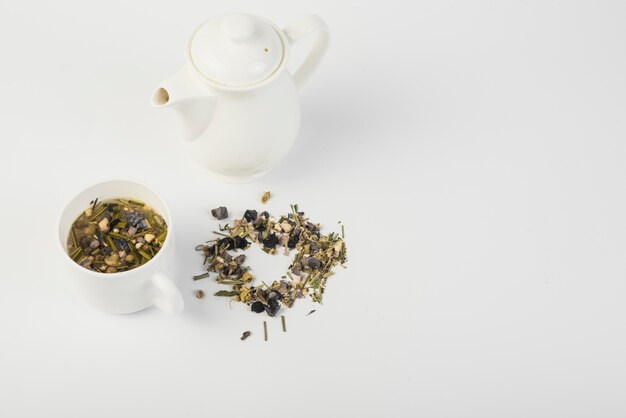 High angle view of herbal tea with teapot on white background