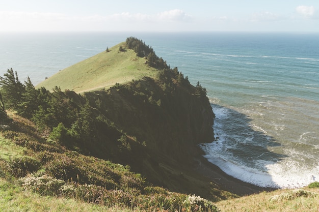 High angle view of hills covered in greenery surrounded by the sea under the sunlight