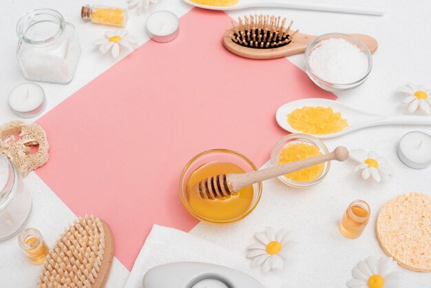 High angle view of honey for spa relaxation