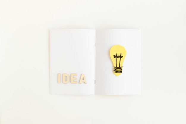 アイデアテキストとカード上の電球の高い角度のビュー