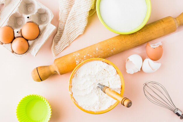 High angle view of ingredients for baking cake