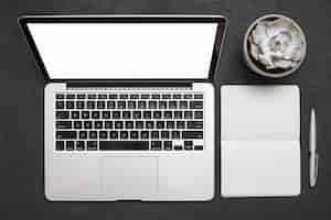 Free photo high angle view of laptop; spiral notepad; pen and succulent plant on black background