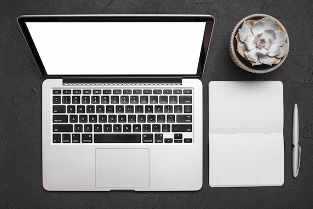 High angle view of laptop; spiral notepad; pen and succulent plant on black background