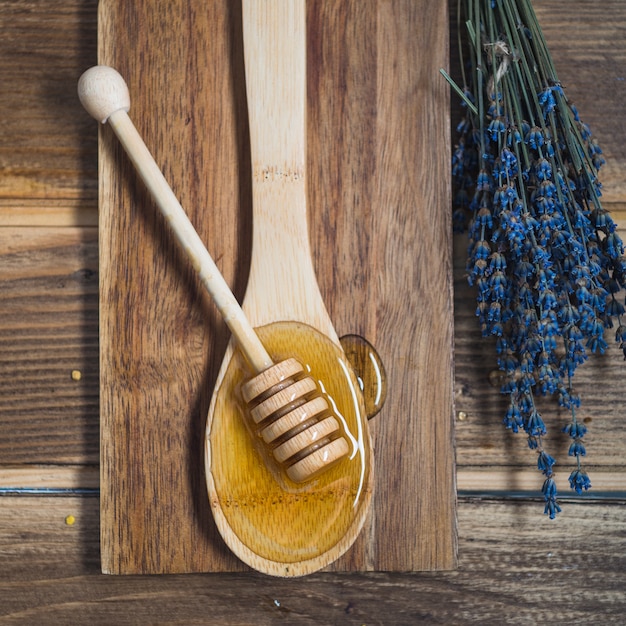 Foto gratuita vista dell'angolo alto di lavanda e merlo acquaiolo di legno sul cucchiaio con miele