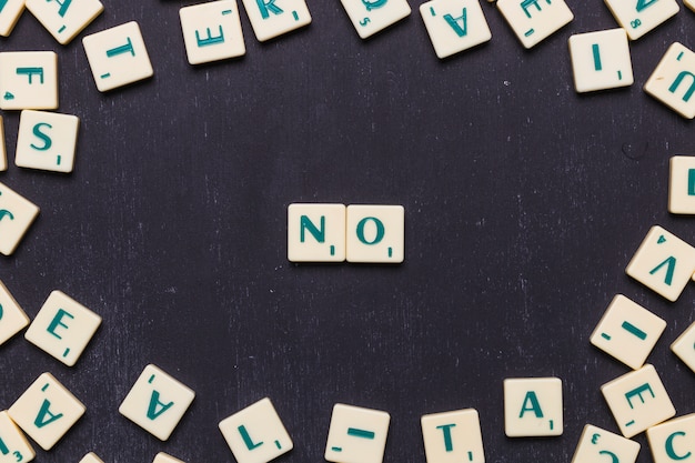 Free photo high angle view of no word with scrabble letters