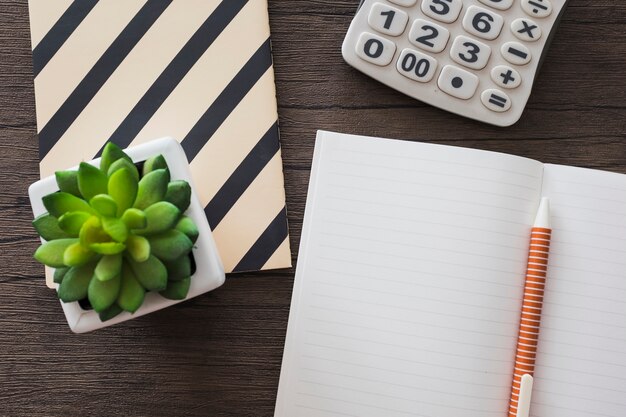 High angle view of pen; notebook; calculator and potted plant on wooden background