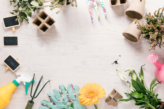 Free photo high angle view of plant; gardening glove; flower; rake; sprayer; watering can; peat tray and stake on wooden desk