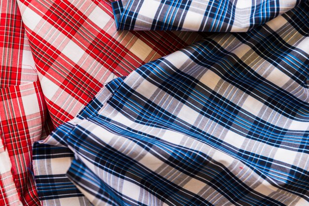 High angle view of red and blue chequered pattern fabric