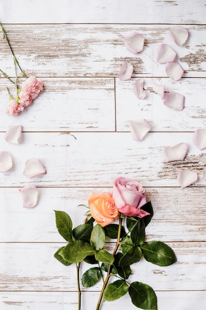 High angle view of roses on wooden table