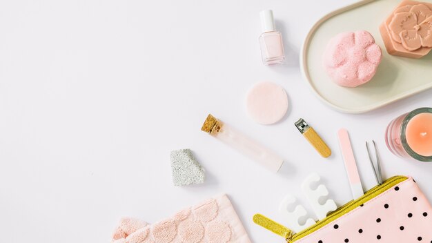 High angle view of spa products on white backdrop