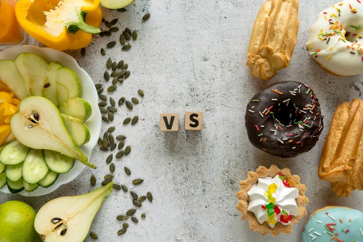 High angle view of tasty food showing healthy versus unhealthy concept