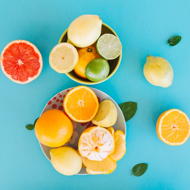 Free photo high angle view of various citrus fruits on blue backdrop