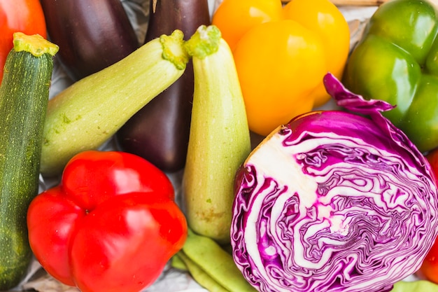 Free photo high angle view of various healthy vegetables