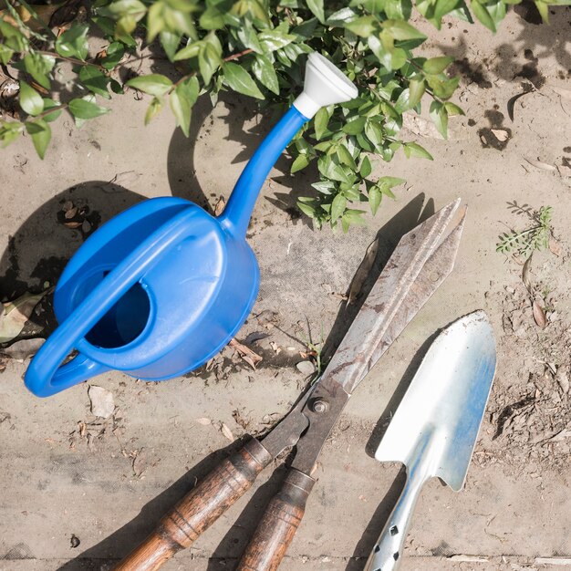 High angle view of watering can; hand shovel and gardening scissors near green leaves