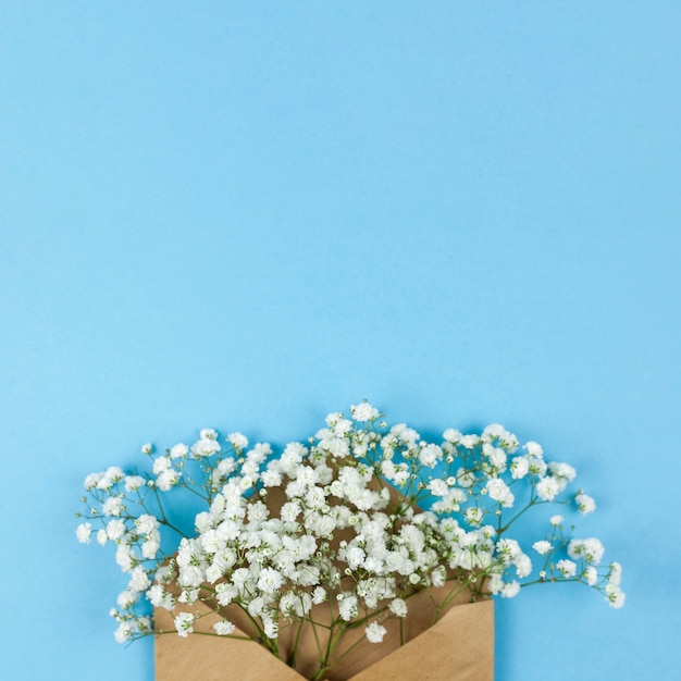 Free photo high angle view of white baby's breath flowers with brown envelop against blue background