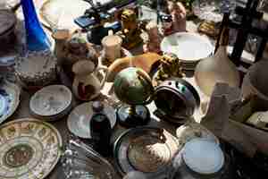 Free photo high angle vintage objects at second hand market