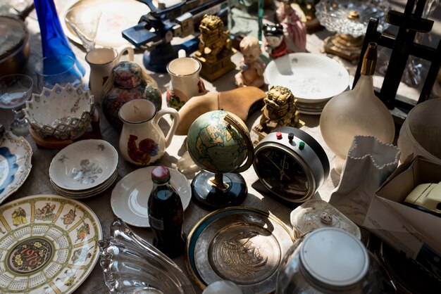 High angle vintage objects at second hand market