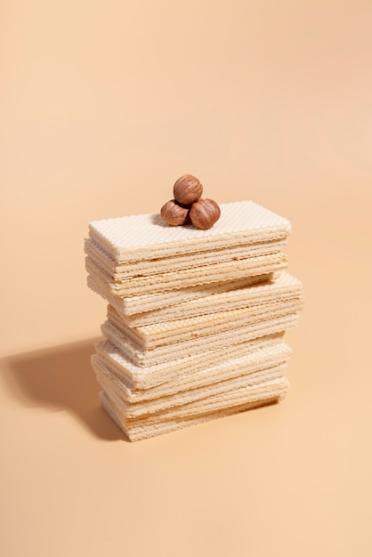 High angle of wafers with hazelnuts on top