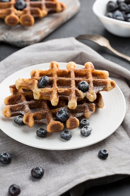 High angle waffles with blueberries