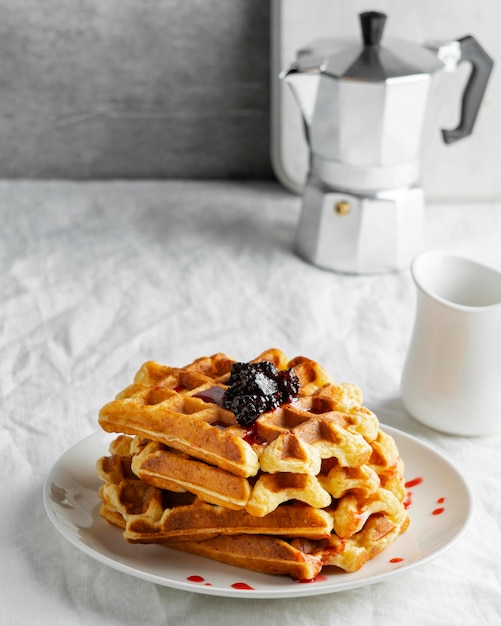 High angle waffles with fruits