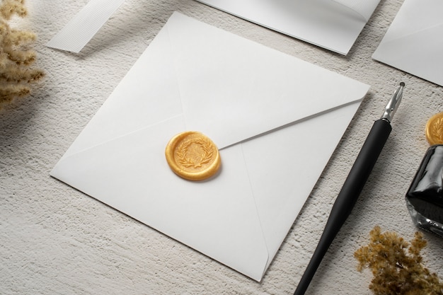 High angle of wedding paper and envelope with ink and pen