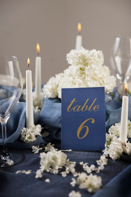 High angle wedding table arrangement with number