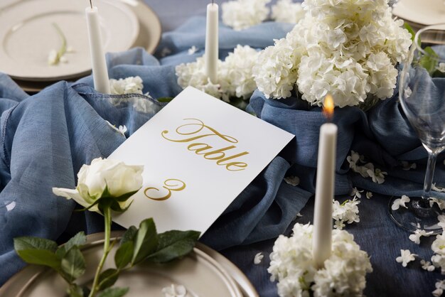 High angle wedding table assortment with candles