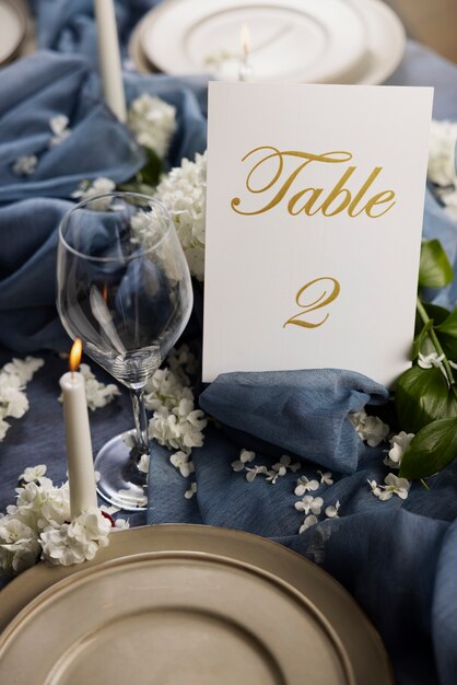 High angle wedding table assortment with flowers