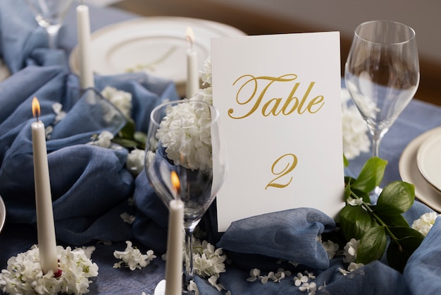 High angle wedding table assortment with number