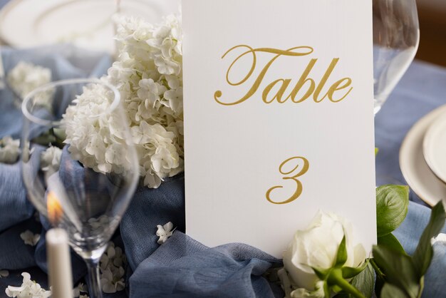 High angle wedding table assortment with number