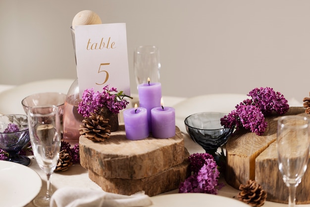 High angle wedding table with candles and flowers