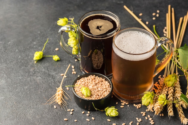 High angle wheat seeds and beer mugs