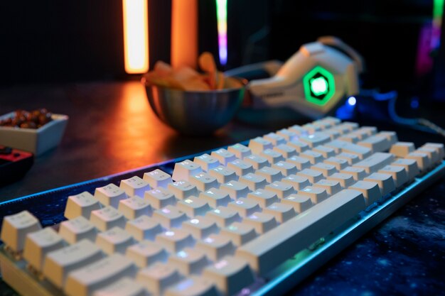 High angle white keyboard with lights