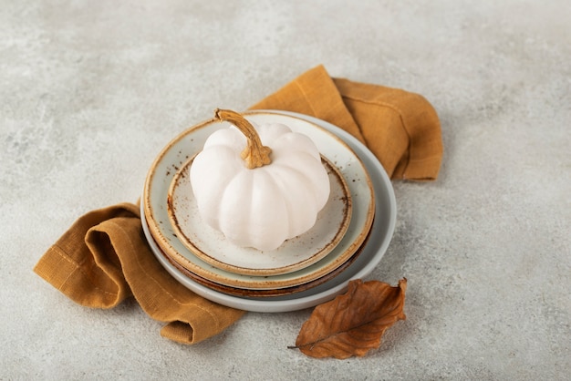 High angle white pumpkin on plates