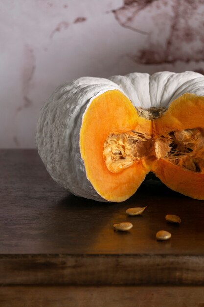 High angle white pumpkin on wooden table