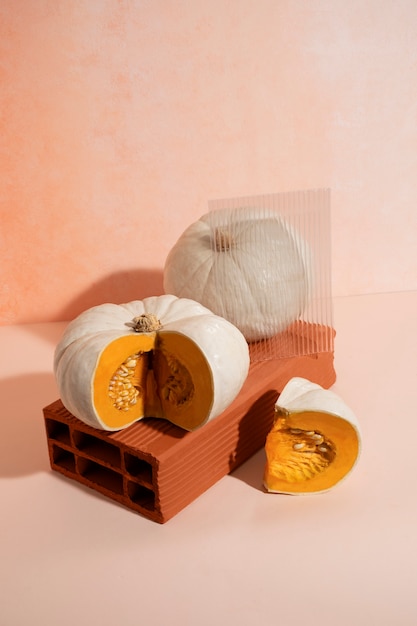 High angle white pumpkins arrangement still life