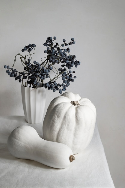 Free photo high angle white pumpkins arrangement on table