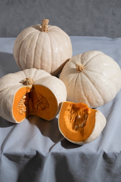 High angle white pumpkins arrangement