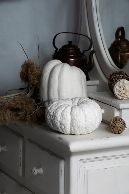 High angle white pumpkins assortment