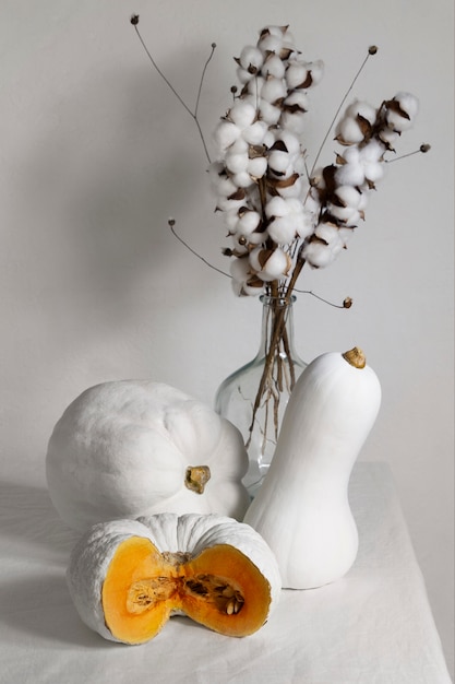 High angle white pumpkins and plant