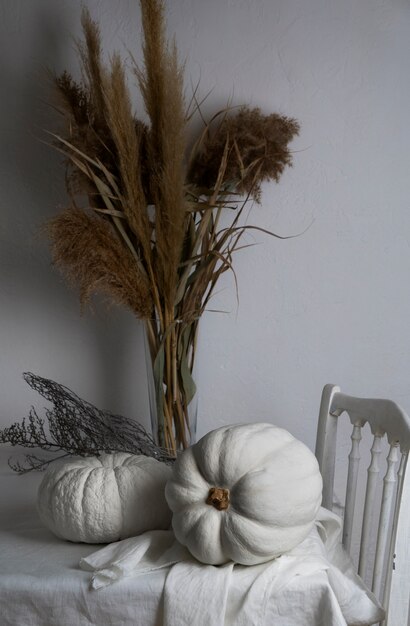 High angle white pumpkins on table