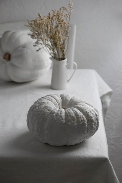 High angle white pumpkins on white table