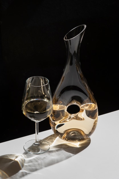 High angle white wine carafe and glass