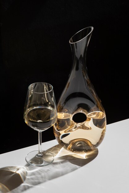 High angle white wine carafe and glass