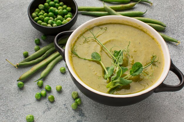 High angle of winter peas soup  in bowl