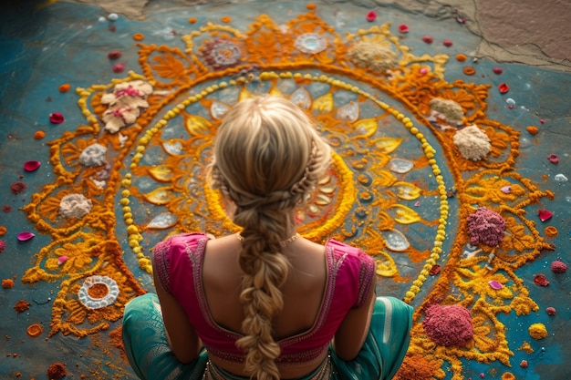 Бесплатное фото Женщина под высоким углом празднует тамильский новый год